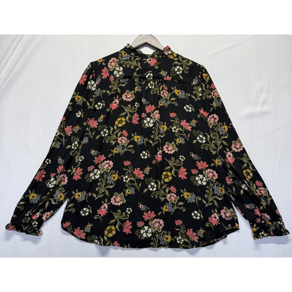 Loft Popover Blouse Top Womens XL Black Multi Floral Ruffle Trim Cuff & Neck - Picture 2 of 11